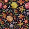 Embroidery seamless pattern with beautiful flowers and leaves. Autumn print. Fashion design. Colorful embroidered illustration