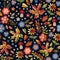 Embroidery seamless pattern with beautiful flowers, leaves and mushrooms. Bright colorful print. Fashion design.