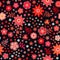 Embroidery seamless pattern with bright red flowers on black background. Vibrant fancywork.