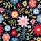 Embroidery seamless pattern with colorful ditsy flowers and leaves. Fashion print for fabric.