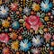 Embroidery seamless pattern with colorful flowers, leaves and berries on black background. Fashion design