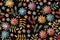 Embroidery seamless pattern with colorful flowers and leaves on black background. Beautiful print for fabric. Embroidered floral