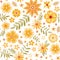 Embroidery seamless pattern with cute yellow flowers and green leaves on white background.