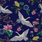 Embroidery seamless pattern with oriental cranes, waves and flowers. Vector embroidered floral patch.