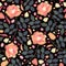 Embroidery seamless pattern with rose flowers, petals and leaves on black background. Fashion design for fabric. Fancywork print