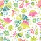 Embroidery seamless vector pattern with beautiful tropical flowers. Bright vector folk floral ornament on white background.