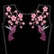 Embroidery stitches with spring Sakura flowers, branch of Japanese cherry blossoms with hummingbird. Neckline for fashion