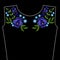 Embroidery stitches with violet flowers for neckline. Vector fashion ornament on black background for textile, fabric traditional