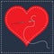 Embroidery stylization with stitches. A vector illustration of stitched heart, needle with thread. Background for Valentines day,