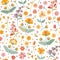 Embroidery summer meadow. Seamless ditsy floral pattern with beautiful embroidered flowers and leaves on white background