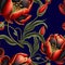 Embroidery textured beautiful blossom red tulips seamless pattern. Ornamental tapestry floral vector background. Embroidered