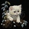 Embroidery textured cute white kitten with blue eyes. Embroidered floral vector background illustration with white cat. Beautiful