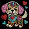 Embroidery textured ornamental smiling cute colorful funny puppy with love hearts. Bright tapestry little puppy dog. Embroidered