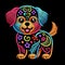 Embroidery textured ornamental smiling cute colorful puppy. Bright tapestry little puppy dog. Embroidered vector background