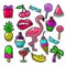 Embroidery tropical fashion patches. Patch vector set with sweet food, palm and flamingos