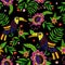 Embroidery tropical seamless pattern with exotic flowers and toucans.