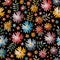 Embroidety seamless pattern with colorful flowers on black background. Fancywork print. Bright summer design