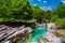 Emerald color Soca river with narrow rocky canyon, Bovec, Slovenia