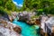 Emerald color Soca river with rocky canyon near Bovec, Slovenia