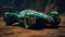Emerald futuristic sports racing car races across land of alien planet. Futuristic concept of technologies of other