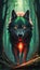 Emerald Gaze The Crimson Enigma - A Wolf Emerges from the Shadows, Eyes Aglow with Mysterious