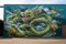 Emerald Green Dragon Mural painted on the wall of a building. Graffiti, front view