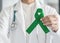 Emerald green or jade color ribbon in doctor`s hand symbolic for Liver Cancer and Hepatitis B disease awareness concept