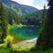 Emerald lake on background of high mountains and green forest. Concept of traveling in the wild. Close-up. Generative Ai