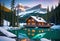 Emerald lake with snow-covered and wooden house at night on the lake shore, glowing stars