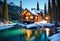 Emerald lake with snow-covered and wooden house at night on the lake shore, glowing stars