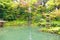 Emerald Pond and Waterfall at Japanese Kenrokuen Garden in Kanazawa, Japan