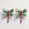 Emerald And Ruby Diamond Dragonfly Earrings - Viennese Secession Style