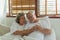 Emergency of Asian Elderly senior man sudden heart attack so pain on chest and illness with diabetes symptoms lying on bed and His