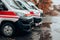 Emergency car, red and white ambulance medical service vehicle on a street in big city