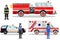 Emergency concept. Detailed illustration of female firefighter, doctor, policeman with fire truck, ambulance and police car in fla