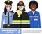 Emergency concept. Detailed illustration of female firefighter, doctor and policeman in flat style on white background