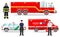Emergency concept. Detailed illustration of firefighter, doctor, policeman with fire truck, ambulance and police car in flat style