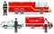 Emergency concept. Detailed illustration of firefighter, doctor, policewoman with fire truck, ambulance and police car