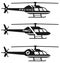 Emergency concept. Set of different silhouettes of medical, police and fire helicopter isolated on white background. Vector