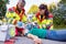 Emergency doctor ventilating injured woman after motorbike accident