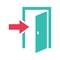 Emergency exit sign, door entrance. Strategy exit icon. Red arrow pointing on entrance. Open doorway