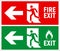 Emergency fire exit sign. Evacuation fire escape door vector sign pictogram arrow exit route