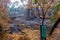 Emergency marker at nature reserve in front of burned forest in Australia.