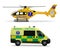 Emergency medical transport. Helicopter air ambulance and ambulance car. Realistic isolated objects on white background