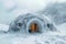 Emergency readiness Snow covered alpine shelter, background with text space