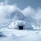 Emergency readiness Snow covered alpine shelter, background with text space