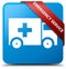 Emergency service cyan blue square button red ribbon in corner