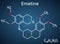 Emetine molecule. It is an antiprotozoal agent and emetic. Structural chemical formula on the dark blue background