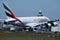 Emirates A380 plane takes off from Amsterdam Airport, AMS