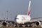 Emirates Airbus A380-861 airliner A6-EEF on a taxiway preparing for takeoff from Melbourne International Airport.